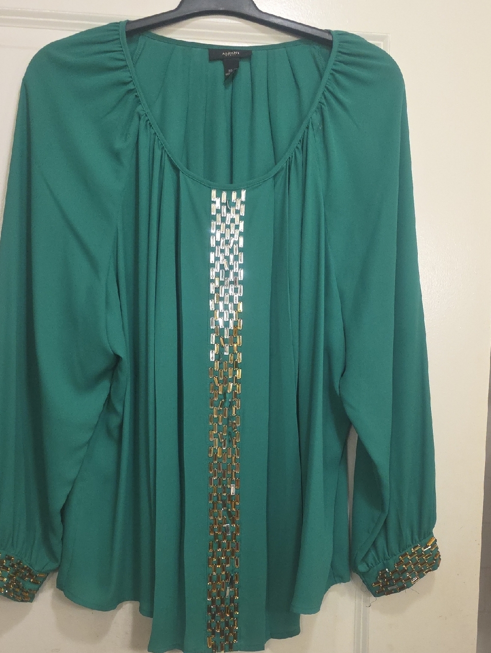 Alfani Teal Green Long-Sleeve Beaded Peasant Top